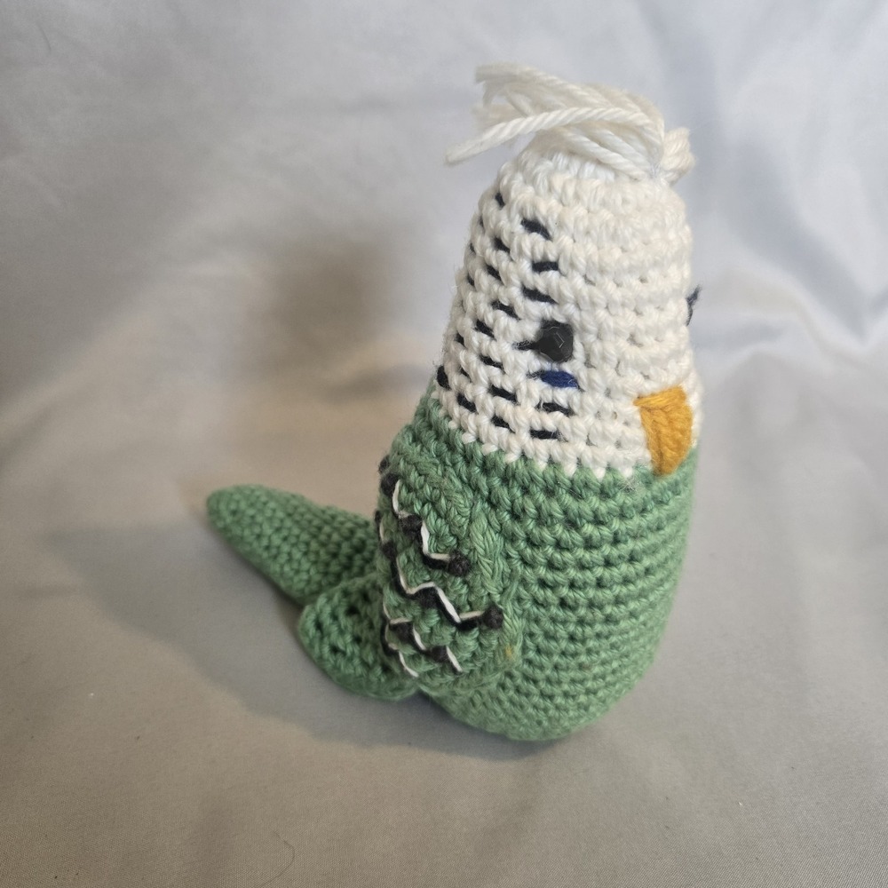 Handmade Crochet Budgie Parakeet Bird Plush Green White Amigurumi 6"